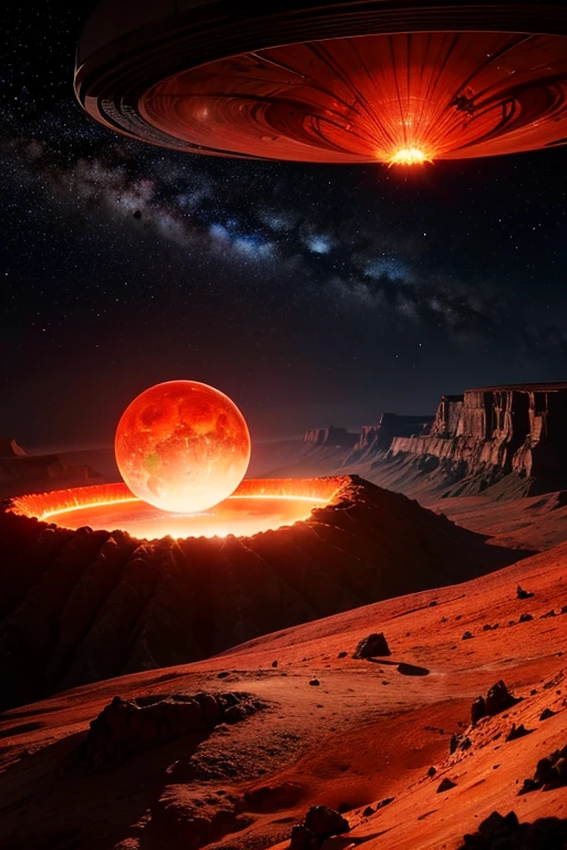 cybernetic earth with a red light inside, scientific earth crust, the earth sprouts lava, hollow earth, the planet is warm with canyons, earthy, the planet, volcanoes erupting, ring of fire, the stars and galaxy in the background