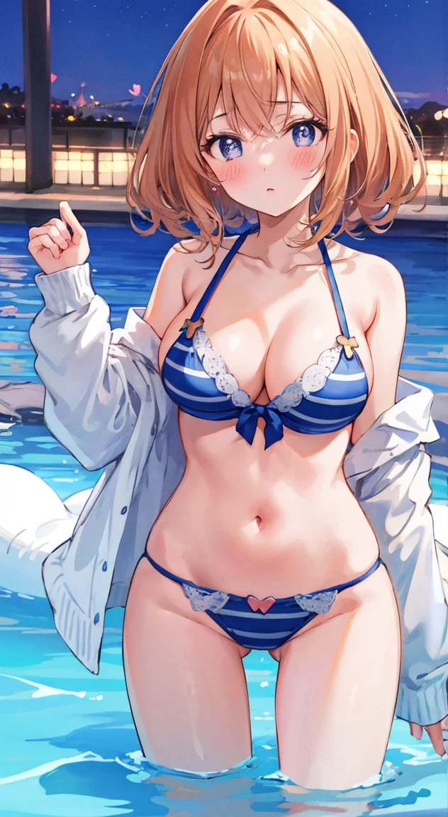 side tie panties,blush, full-face blush,masterpiece, highest quality, (anime screencap:1.3),(shape), cute,(simple:1), (anime:1.2),Solo Sharp Focus, 1 girl, cleavage,looking at the viewer, nighttime pools,Are standing,,(NSFW:1.2),bikini,pastel colour,beautiful hair,Horizontal stripes,heart shaped pupils,plaid pattern bra, plaid pattern panties,Tropicaljuice,