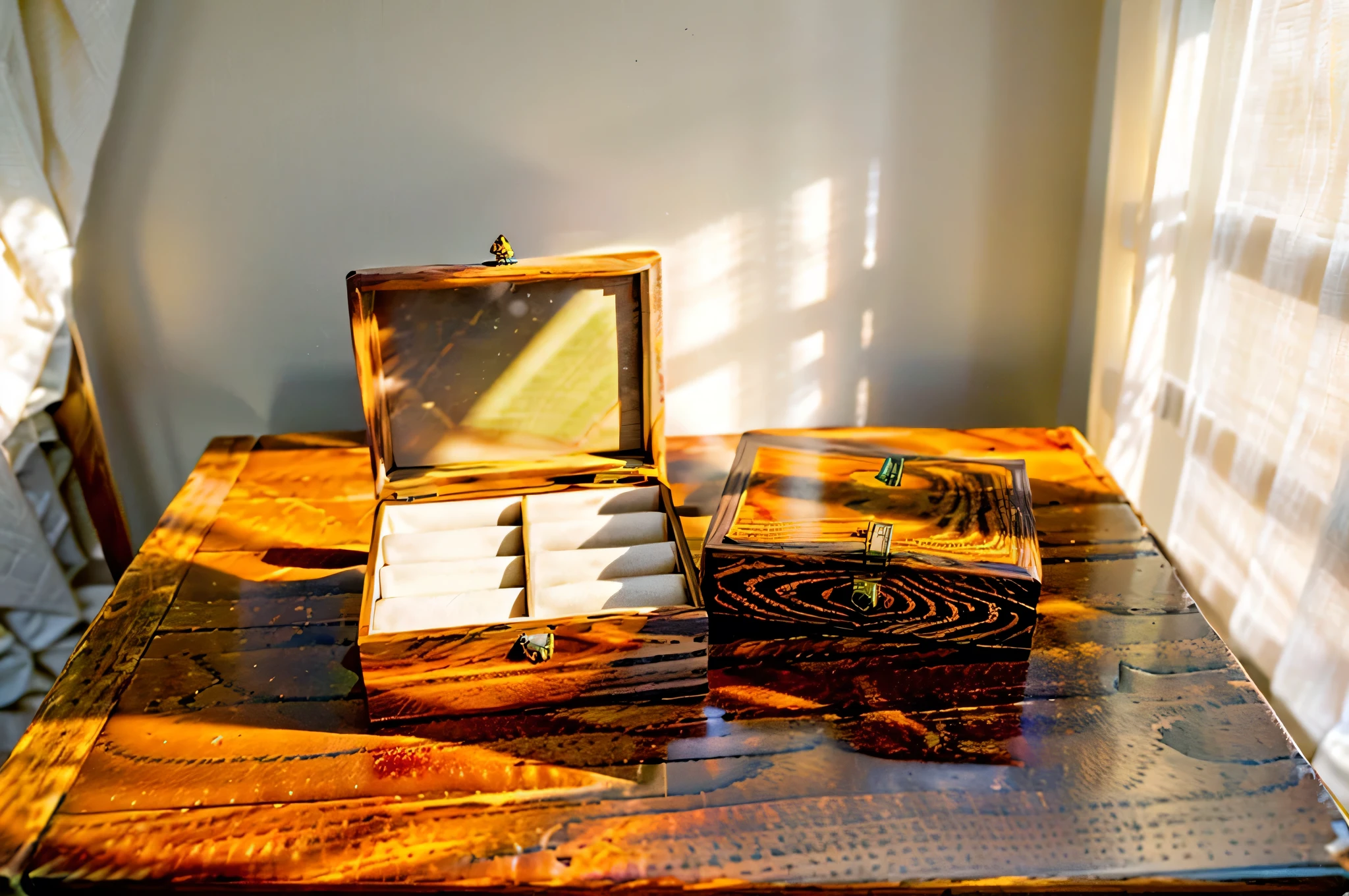 In this cozy room,The sun shines like a thread,Through the lightly drawn curtains,Gently sprinkled on the table,The watch storage box is covered with a faint halo。The wood grain on the box is reflected by the light,Shining with natural and simple luster,Like traces of time passing,The box is next to the table。On the wall of the room,Several still life paintings hang quietly,Their colors are soft and warm,Adds a touch of elegance and tranquility to the entire space。 The shadow of the storage box is gently cast on the floor,It forms a sharp contrast with the brightness of the surrounding environment,The box is more exquisite and unique。The whole room is filled with a peaceful and warm atmosphere,It seems as if time has slowed down at this moment.,Let people indulge in this beauty and tranquility。