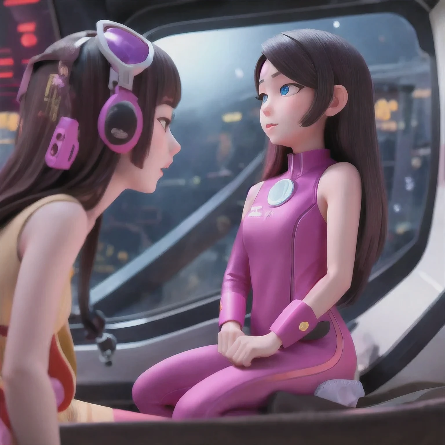 ((asian girl))(((attractive neck)))still shot from movie (((Telephoto Tilt-Shift)))photo of a college student, in Purple Pink, futuristic space suit, (Color tattoo:0.8) cute face, sci-fi, dystopian, detailed eyes, Heterochromia eyes((Side view)),music festival,Activity