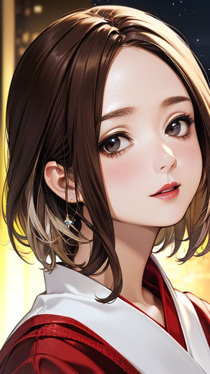 (Top quality masterpiece:1.2) Delicate illustrations, Very detailed, /Beautiful Japanese Woman、1 person,Very cute and slim、Excellent style 、((8K images、super high quality))、Very delicate face, Beautiful forehead、Beautiful thighs、Deep red lipstick,(((((Middle Hair、Light brown hair、Blonde hair))))),very cute、Kind eyes,starry skies、Tokyo night view