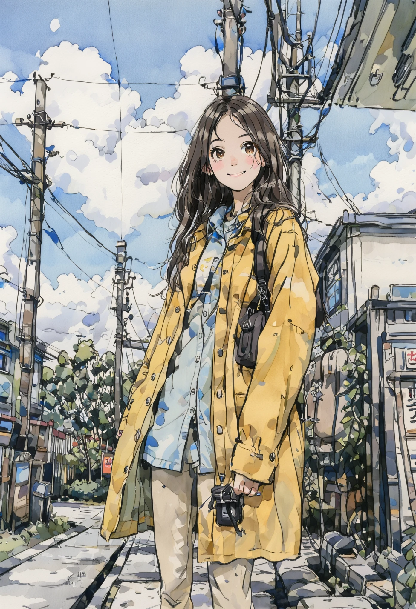 1girl, solo, long hair, brunette, outdoors, smile, sky, day, looking at viewer, bag, blue sky, clouds, ground vehicle, brown eyes, power cord, standing, yellow coat, telephone pole, white shirt