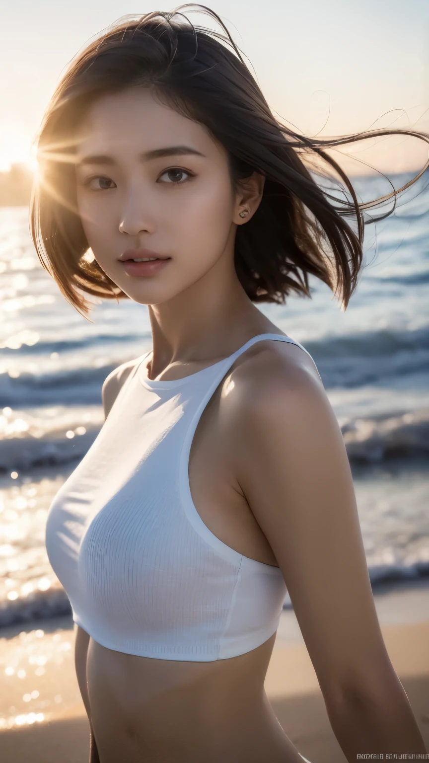 One woman、Amazingly beautiful、Strong Aboist black hair、Bob Hair、Extremely short hair、Ultra detailed face、Lips Detail、Detailed eyes、double eyelid、Highest quality、masterpiece、Shiny skin、Solar flare、Award-winning photography、Healthy Body、Uplifting、Real、Realな顔、dramatic、dark、Sharp Focus、8K、20-year-old、Full body photo(Highest quality、8K、masterpiece:1.3)、Sharp Focus:1.2、Beautiful woman with perfect figure:1.4、Chubby body type、Small belly:1.2、(Layered Hairstyles:1.2)、maximum:1.3、Pure white bra、Pure white panties、(distance:1.5)、Moist body:1.1、Extremely delicate facial and skin texture、Fine grain、Sexy crotch、Real Skin、Real eyebrows、Beach、VistaWave、coco、Evening Light、Model posing on the catwalk、Gaze towards the viewer。Large Breasts、Thighs、Thighs、