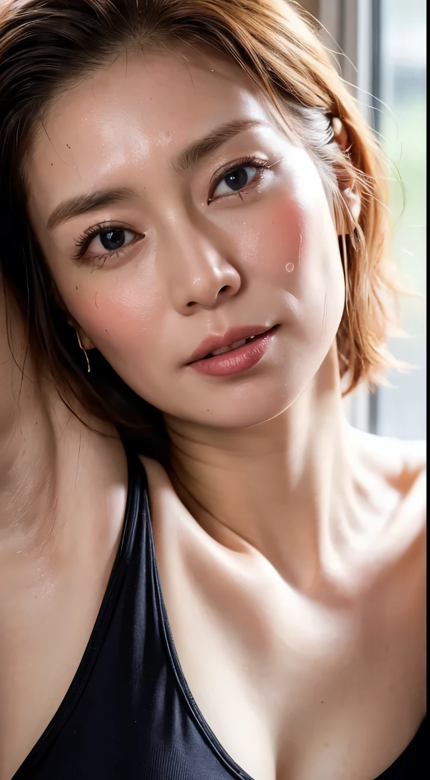 (Ultra HD、Ultra-high resolution、8k、Japanese Housewife、In the kitchen)、Attention in the armpits、((Look Viewer:1.8))、(Extremely realistic skin texture:1.4)、(Realistic:1.3)、short hair、(smile:0.4)、(blonde:1.3)、40-year-old woman、Ponytail hairstyle、(Lift one arm and show your armpit:1.3)、(Face close-up:1.3)、(Sweat:1.4)、Nipples are visible、Showing nipples、Sticking out tongue