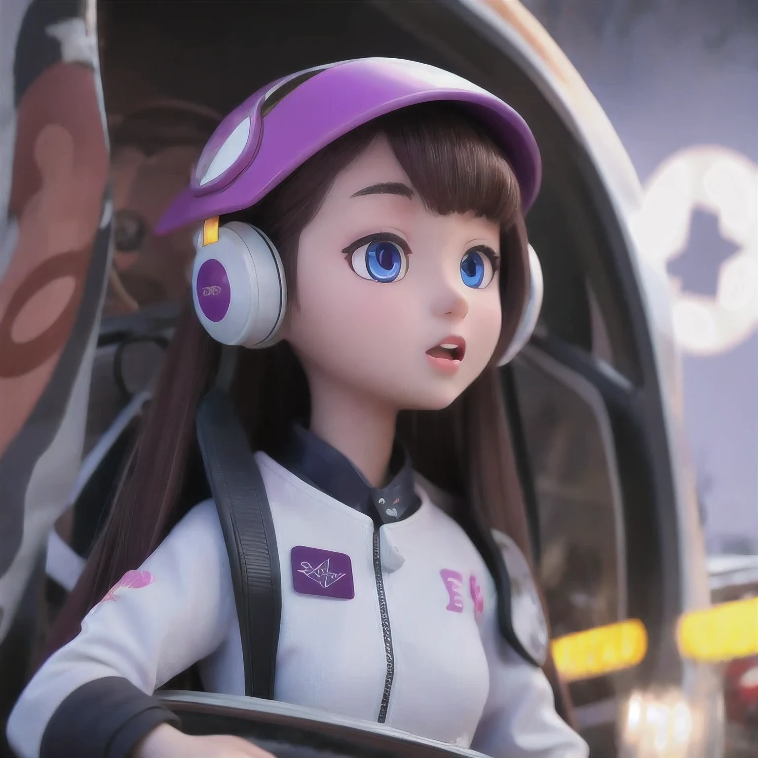 ((asian girl))(((attractive neck)))still shot from movie (((Telephoto Tilt-Shift)))photo of a college student, in Purple Pink, futuristic space suit, (Color tattoo:0.8) cute face, sci-fi, dystopian, detailed eyes, Heterochromia eyes((Side view)),music festival,Activity