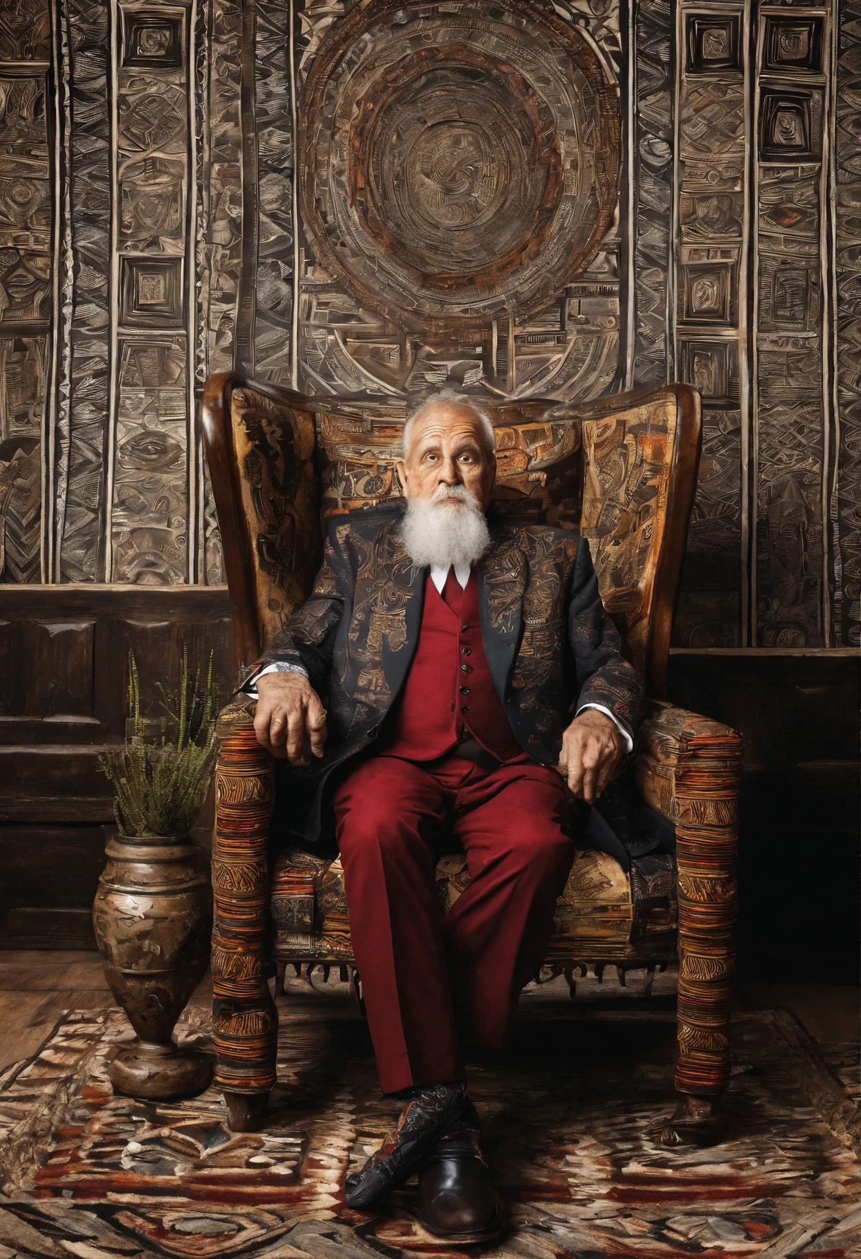 Postmodern futuristic style living room office, an elderly person with a beard and a suit sitting in an armchair ,interior photography