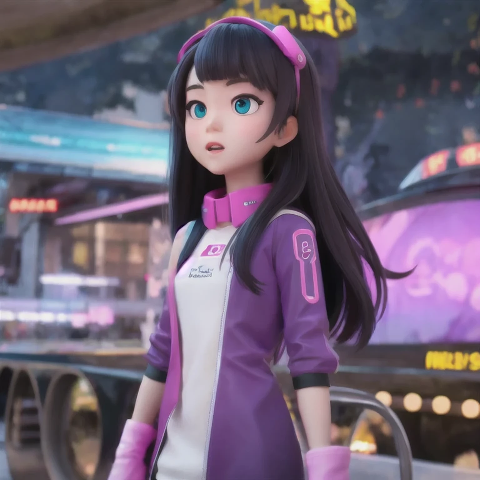 （（asian girl））（（（attractive neck）））still shot from movie （（（Telephoto Tilt-Shift）））photo of a college student, in Purple Pink, futuristic space suit, (Color tattoo:0.8) cute face, sci-fi, dystopian, detailed eyes, Heterochromia eyes（（Side view）），music festival，Activity