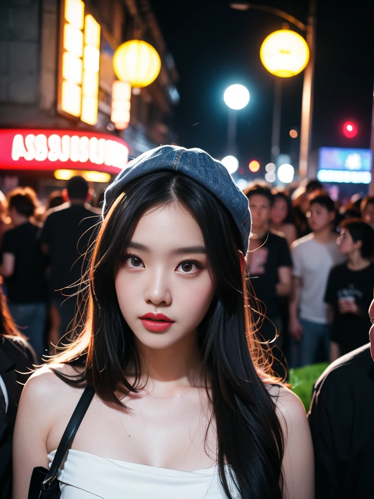 (1girl), solo, long_hair, wearing(strapless-white-shirt, denim-short, snapback-hat), photo(medium-shot), portrait, standing, pov, blurry_background, background(urban, neon, nightclub, outdoors), (photorealistic, absurdres, best_quality:1.55),