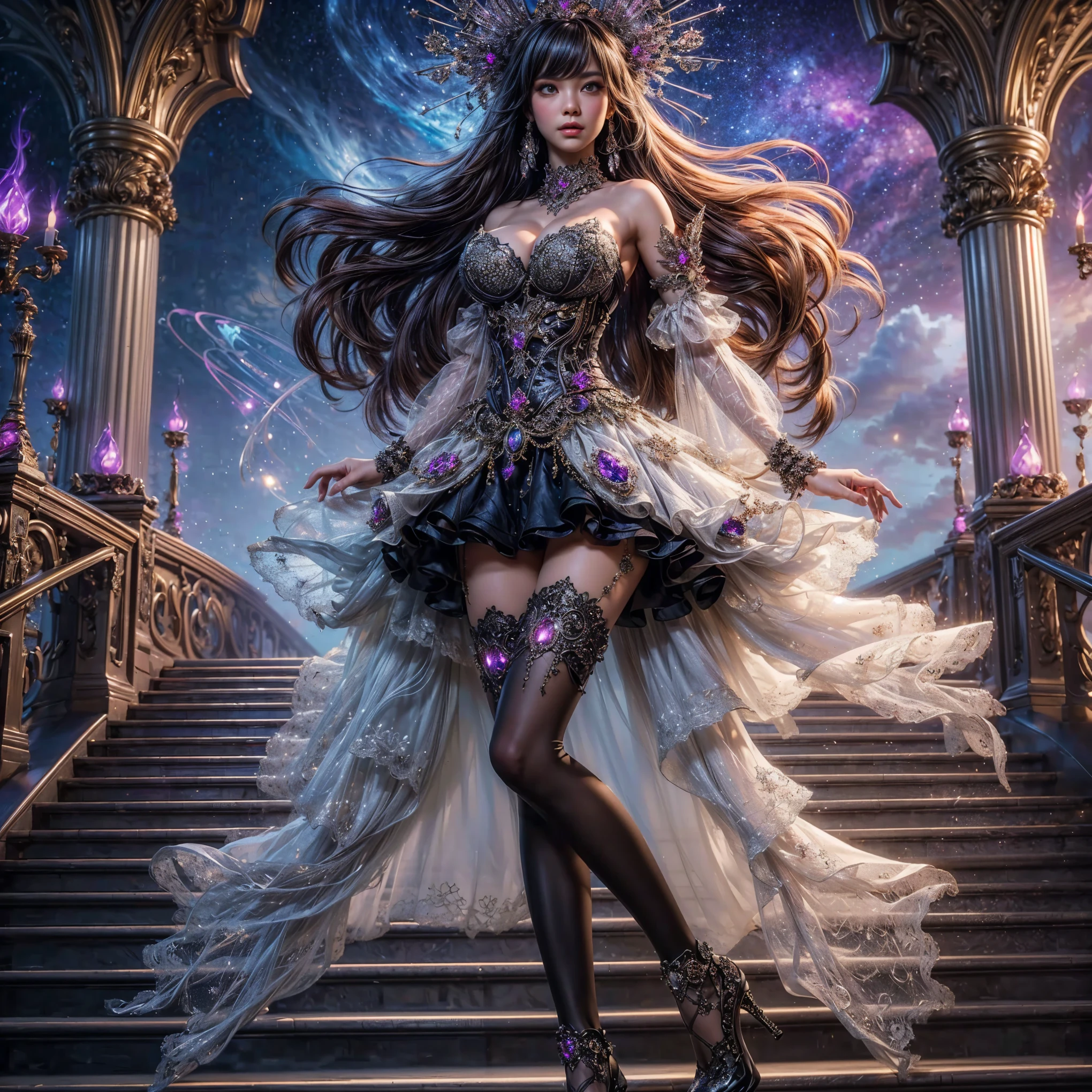 An asian woman with loose hair, standing on the stairs in the middle of a magical atmosphere, with a predominantly blue and red costume, a strapless corset-style dress decorated with bright purple jewels, a short tutu skirt, black thigh-high stockings with lace tops and ornaments purple jewels, white high heels with gold decoration, grand staircase background under mysterious sky full of stars and celestial bodies, crystal detailed, hyper realistic, hyperdetailTransparent clothing, Detailed gemstones, masterpiece, best quality:1.2),,(8k,highres,RAW photo,realistic,photo-realistic:1.3),(detailed skin texture,detailed cloth texture, beautiful detailed face:1.25),professional lighting,photon mapping,beautiful soft light,radiosity,physically-based rendering,raytracing, model shoot style, model shoot style, (extremely detailed CG unity 8k wallpaper), full shot body photo of the most beautiful artwork in the world (NSFW), (Nude), (Naked), (Nipple) (pussy) (exposed pussy)