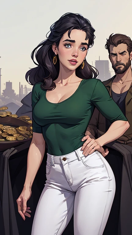 With an ennifer Connelly dragon, very long to the waist and half curly with bangs, seios pequenos, olhos grandes com um brilho apaixonado, olhos verdes mel, Um lindo sorriso, vestindo uma camiseta preta longa com um terno feminino verde e jeans, in a serious and sweet comic-style pose, alta qualidade Jennifer Connelly personagem mulher estilo Jennifer Connelly com marcas de guerras Imagem de desenho animado de uma mulher .Ilustra??o estilo desenho animado, estilo de arte dos desenhos animados, estilo de arte dos desenhos animados, digital illustration style, estilo atompunk projeto de pessoaagens altamente detalhado, arte digital detalhada coragem, Forest fan art, Design de personagens de retrato, beautiful digital illustration, retrato de alta qualidade, Arte em quadrinhos, mulher jovem cabelo com transas lindas . Queen Anna by Jennifer Connelly lined eyes Medium large bust and wonderful sexy clothes. image expression of sexual desire from waist to head illustration Queen Anne of Arendelle atompunk style Fallout 4 style pose playboy magazine sensual witch Character cartoon style facial expression happy beautiful smile and six medium small portrait mode waist up with lots of gold around her other stones portrait precious mode waist up queen of the south Jennifer Connelly GTA scenery dominatrix gold coins chest with jewelry with her boyfriend, um homem com barba preta, armado com um estilo militar, Jennifer Connelly Turnaround sheet Creates multiple images in different poses of the same cartoon character:1.2), Woman from southern Brazil Drawing Gaucha ART Artline white background woman Cartoon image of a woman , roupas sensuais , garota super valente destemida , Ilustra??o estilo desenho animado, estilo de arte dos desenhos animados, estilo de arte dos desenhos animados, digital illustration style, projeto de pessoaagens altamente detalhado, arte digital detalhada fofa, City fan art, Xena Personagem Christina R