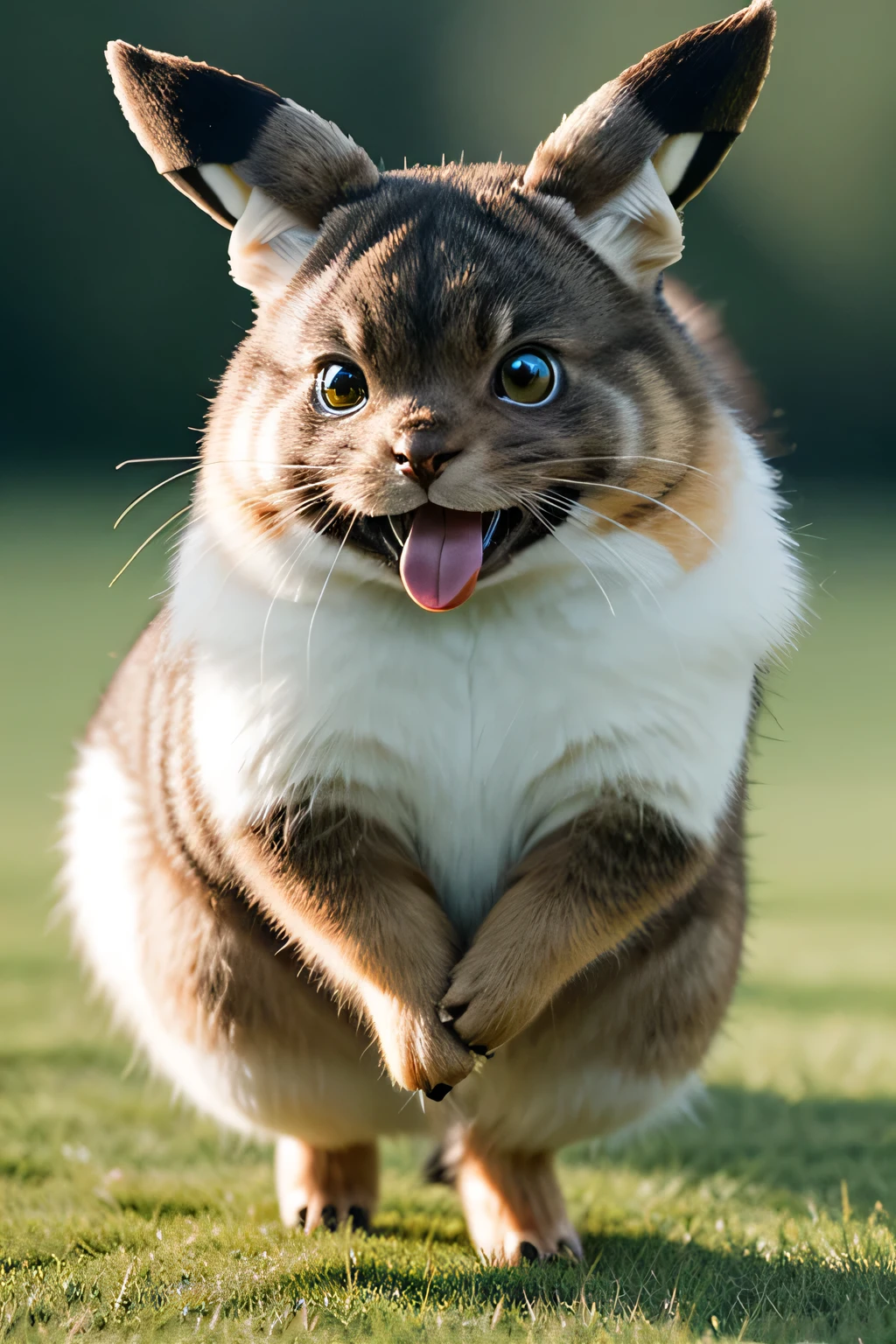 Ultra-detailed fur expression、Actual photo, Real Pikachu full body BREAK BREAK portrait, Symmetric, Very detailed, Smooth, Sharp focus, Cinema Lighting, kkw-ph1 、The background is a grassland、Sticking out tongue、prairie