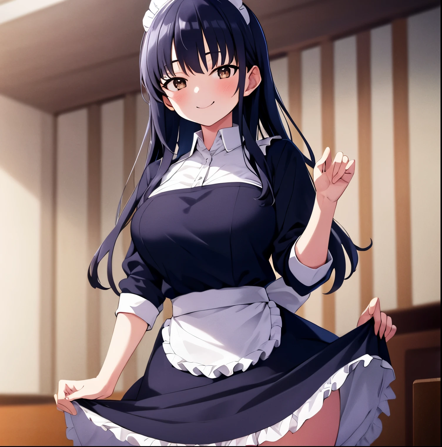 1girl, alone, Anna Yamada,masterpiece,best quality,highres,ultra-detailed,aaanna,long hair,bangs,large indoors,cafe,maid,maid headdress,apron,(skirt hold:1.2),standing,cowboy shot,smile, perfect hands, perfect anatomy 