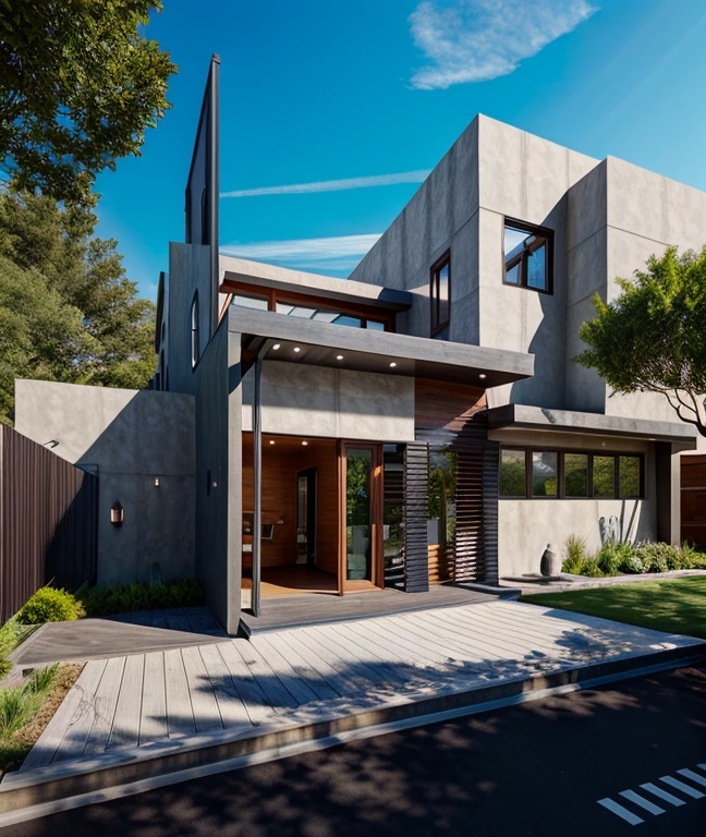 (masterpiece),(high quality), best quality, real,(realistic), super detailed, (full detail),(4k),8k,modern house exterior design,Modern architecture,Beautiful_sky,Day light, no_humans, outdoors,sky,tree,Garden flower front of building