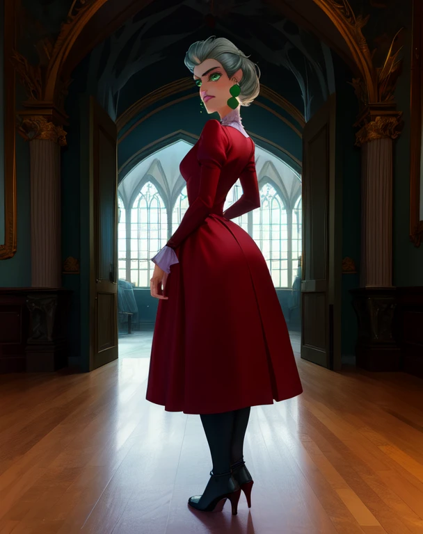 tremaine,green eyes,grey hair,large hair,
red dress,green gem,small earrings,
Full body,serious,looking at viewer,glowing eyes,
castle,indoors,dim lighting, back view 
(insanely detailed, masterpiece, beautiful face,  best quality),solo,