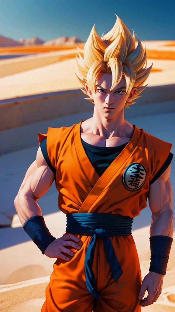 Masterpiece, Ultra realistic, 16k, high quality, incredibly detailed, dream aesthetic, dream atmosphere, pretty man. Tall. Son Goku (super saiyan) from Dragon Ball Z (Majin buu saga), shiny (pale-blond) hair, realistic pale-golden hair, messy spiky hair. Turquoise bright eyes, intense eyes look, shiny serious (blue) eyes. Pale-blond hair fluttering. light glowing skin, tanned skin illuminated, realistic perfect shading, absurdres, realistic textures, pretty man, looking at viewer, standing. Tall. orange goku shirt with a dark blue shirt under, dark blue waist band (hyper realistic) orange pants (real textures). quarry desert (with mountains), blurred background. Son Goku. (detailed textures). quarry (background unfocused), depth, best quality, Photorealistic.