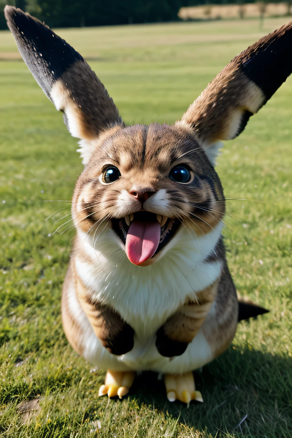 Ultra-detailed fur expression、Actual photo, Real Pikachu full body BREAK BREAK portrait, Symmetric, Very detailed, Smooth, Sharp focus, Cinema Lighting, kkw-ph1 、The background is a grassland、Sticking out tongue、prairie