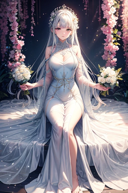 Woman in see-through white dress sitting in flower field, Ethereal and dreamy, Ethereal beauty, a stunning young Ethereal figure, dreamy and Ethereal, white hime cut hairstyle, Ethereal!!!!!!!, Ethereal fairytale, Beautiful maiden, pale snow-white skin, Ethereal!!!, by Torii Kiyomoto, fairycore, very Ethereal, extremely beautiful and Ethereal、there is a bouquet of Flowers that is sitting on a chair, colourfull Flowers bouquet, bouquets, ❤🔥🍄🌪, bouquet, colorful Flowers, Bright and soft colors, colorful pastel, Bright pastel colors, Bright pastel colors, in pastel colors, colourfull pastel, beautiful Flowers, beautiful colourfull, Flowers!!!!, colourfull, In beautiful colors, 🌸 🌼 💮、Woman in blue dress standing on wall, translucent  dress, transparent gray dress, sexy gown, with a thin waist, long gown, long-one-piece dress female, Full length view, fantasy dress, low cut dress, opened dress, wearing long gown, see through dress, fantasy long intricate gown, long-one-piece dress, gown, wearing an evening gown, femme, gorgeous woman