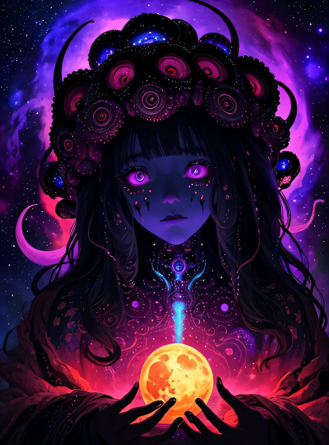 (best quality,highres,masterpiece:1.2),ultra-detailed,Skull with tentacle face, in space,alien creature,intricate patterns,dark and mysterious,cosmic colors,ethereal lighting,dim spaceship interior,ominous atmosphere,otherworldly,nebulae and stars,distant galaxies,creepy and surreal,phosphorescent tentacles,haunting presence,dimensions intertwining,mind-bending perspective,cosmic horror,nightmarish beauty,hypnotic gaze,awe-inspiring,unearthly energy,cosmic chaos and order,transcendent,pulsating with cosmic power,dark matter tendrils,intergalactic entity,evokes fear and fascination