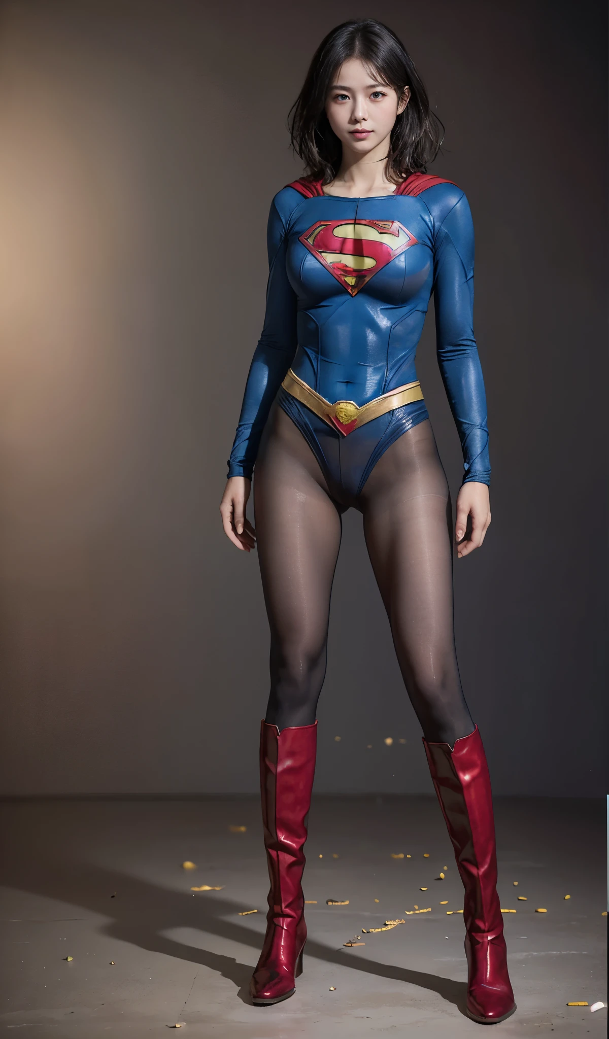 No background、(((Beautiful legs in black tights.)))、(((Legally express the beauty of your smile)))、((((Make the most of your original images)))、(((Supergirl Costume)))、(((Beautiful short bob hair)))、(((suffering)))、(((Please wear black tights....、Wear red boots)))、((Best image quality、8k))、((highest quality、8k、masterpiece:1.3))、(((Preserve background )))、Sharp focus:1.2、Beautiful woman with perfect figure:1.4、Slim Abs:1.2、Wet body:1.5、Highly detailed face and skin texture、8k