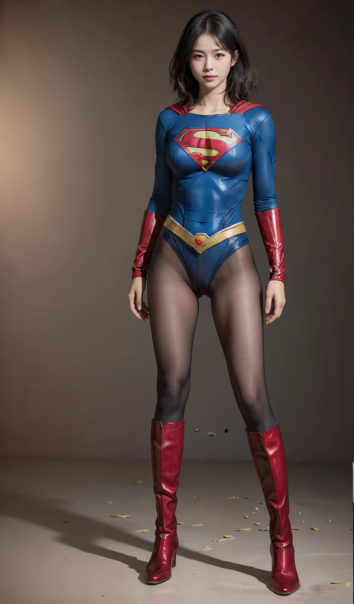 No background、(((Beautiful legs in black tights.)))、(((Legally express the beauty of your smile)))、((((Make the most of your original images)))、(((Supergirl Costume)))、(((Beautiful short bob hair)))、(((suffering)))、(((Please wear black tights....、Wear red boots)))、((Best image quality、8k))、((highest quality、8k、masterpiece:1.3))、(((Preserve background )))、Sharp focus:1.2、Beautiful woman with perfect figure:1.4、Slim Abs:1.2、Wet body:1.5、Highly detailed face and skin texture、8k