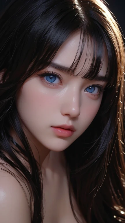 masterpiece, best quality, ultra-detailed, facing the camera head on, intricately detailed hyperdetailed, realistic, sharp features, highly detailed, sharp focus, perfect face, perfect face, perfect symmetrically perfect eyes, perfect full lips, flexible female form, cinematic, film light, hyper detailed, hyper realistic, masterpiece, atmospheric, high resolution, vibrant, dynamic studio lighting, ((Dark background)), Facial expressions when receiving pleasure, straight Bangs, blue Eyes,black sweater, cowboy shot, Big breasts,