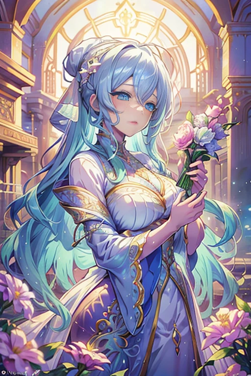 A woman in a wedding dress stands in front of a flower arch, very magical and dreamy, luxurious wedding, ethereal fairy tale, Rich pastel color palette, Ethereal dreamy theme, Long luxurious flowing gown, dreamy and detailed, fantasy long intricate gown, Long luxurious complex gown, The setting of a fairy tale:, soft elegant gown, in a whimsical fairytale forest, dreamy and ethereal、Woman in white dress standing in front of building with lots of flowers, anime fantasy artwork, anime fantasy illustration, a beautiful artwork illustration, beautiful anime artwork, elaborate digital art, intricate ornate anime cgi style, anime art nouveau cosmic display, beautiful anime art, beautiful digital works of art, beautiful fantasy anime, Detailed anime artwork, Detailed Digital Anime Art, dreamy psychedelic anime