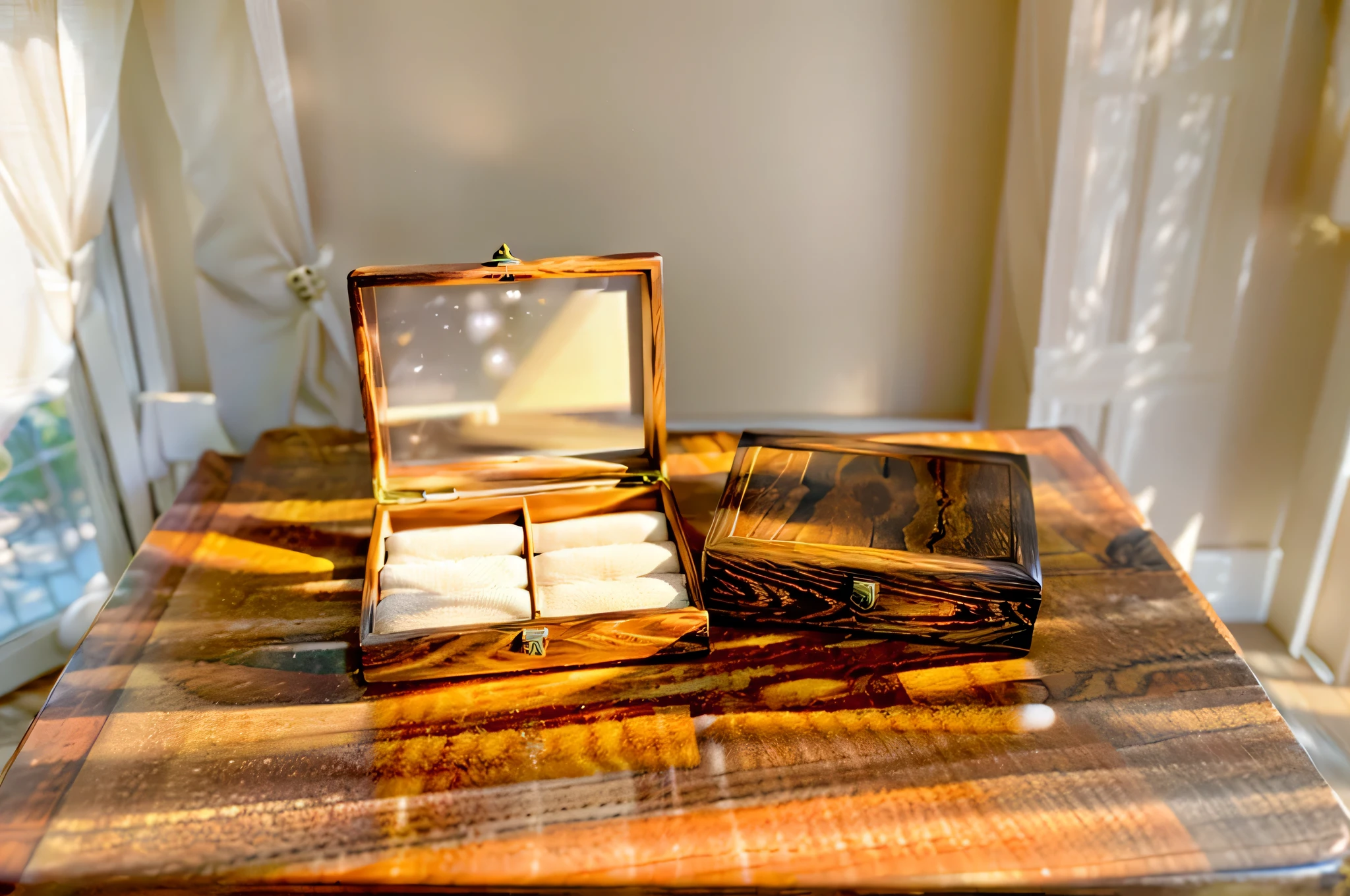 In this cozy room，The sun shines like a thread，Through the lightly drawn curtains，Gently sprinkled on the table，The watch storage box is covered with a faint halo。The wood grain on the box is reflected by the light，Shining with natural and simple luster，Like traces of time passing,The box is next to the table。On the wall of the room，Several still life paintings hang quietly，Their colors are soft and warm，Adds a touch of elegance and tranquility to the entire space。 The shadow of the storage box is gently cast on the floor，It forms a sharp contrast with the brightness of the surrounding environment，The box is more exquisite and unique。The whole room is filled with a peaceful and warm atmosphere，It seems as if time has slowed down at this moment.，Let people indulge in this beauty and tranquility。