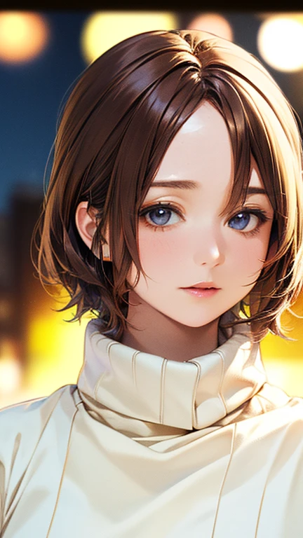 (Top quality masterpiece:1.2) Delicate illustrations, Very detailed, /Beautiful Japanese Woman、1 person,Very cute and slim、Excellent style 、((8K images、super high quality))、Very delicate face, Beautiful forehead、Beautiful thighs、Deep red lipstick,(((((Middle Hair、Light brown hair、Blonde hair))))),very cute、Kind eyes,(High neck sweater)、starry skies、Tokyo night view