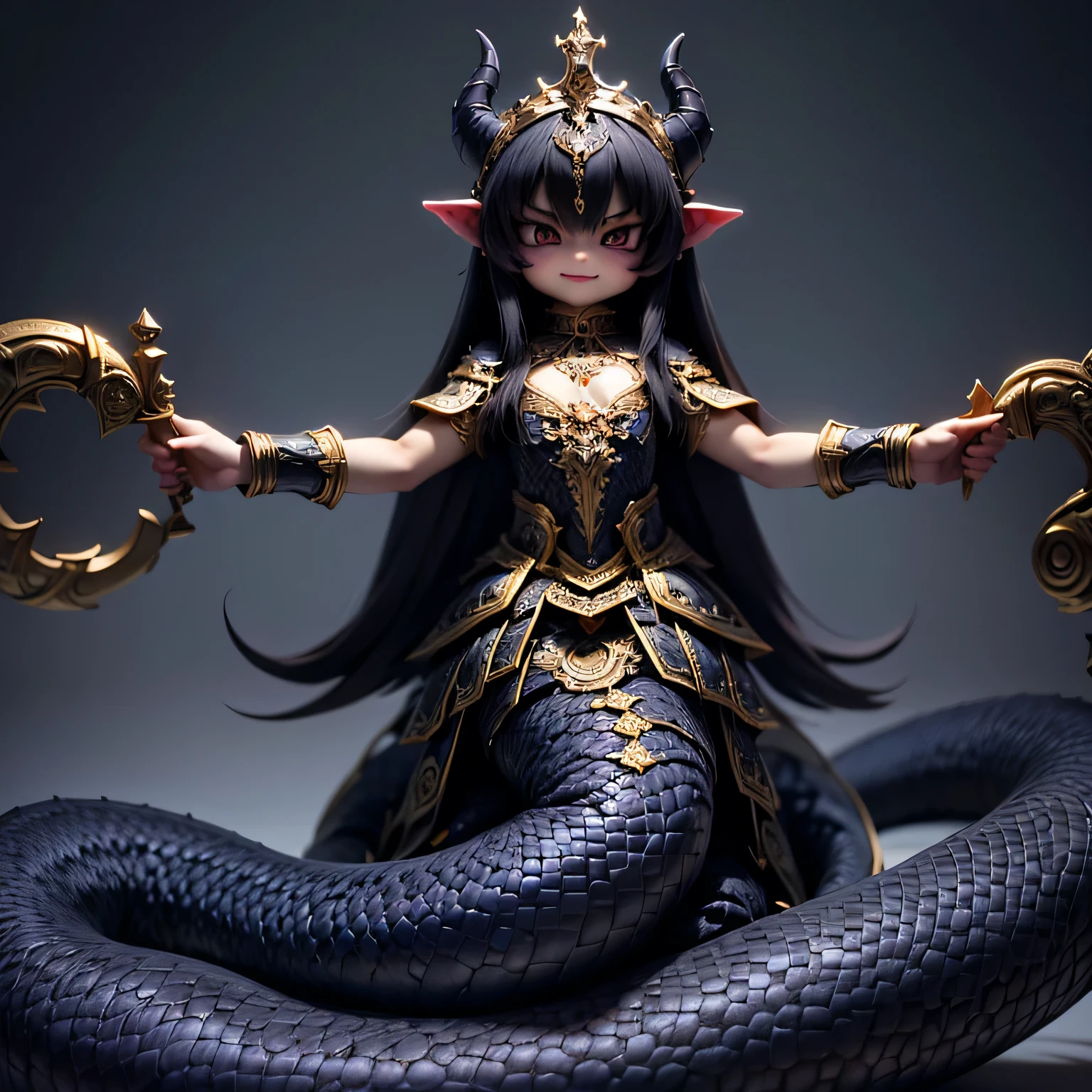 (Superflat, Flat Shading),Lamia Queen\(cute,kawaii,,Geeky feel,Black Scales,Arrogant and sharp gaze,Intimidating posture,Blue pattern on the scales,long fluffy black hair,Gold Chain Mail,bracelet,Taking an arrogant stance on the royal throne,evil smile,Barbaric style,very cute,dynamic pose,\), BREAK ,Dark fantasy,dynamic wide view,full body,High angle,quality\(8k,wallpaper of extremely detailed CG unit, ​masterpiece,hight resolution,top-quality,top-quality real texture skin,hyper realisitic,increase the resolution,RAW photos,best qualtiy,highly detailed,the wallpaper,cinematic lighting,ray trace,golden ratio,\),dynamic angle