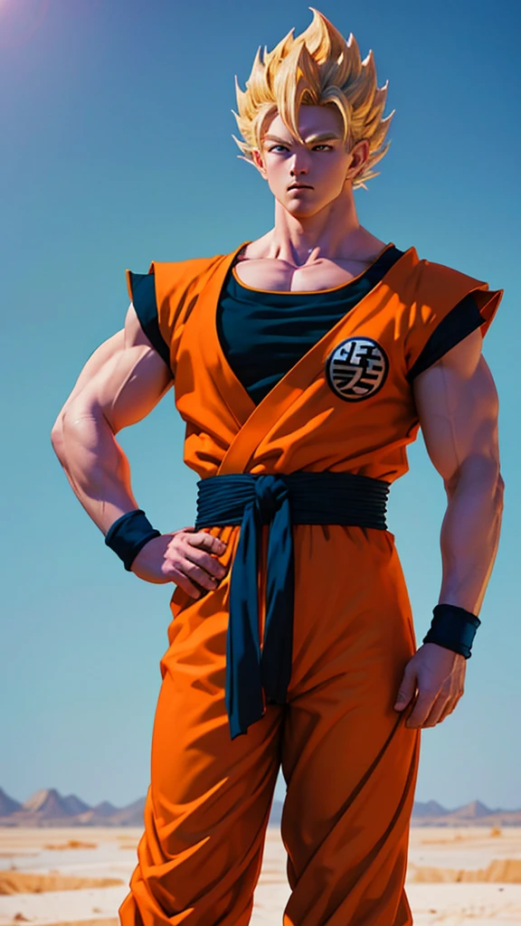 Masterpiece, Ultra realistic, 16k, high quality, incredibly detailed, dream aesthetic, dream atmosphere, pretty man. Tall. Son Goku (super saiyan) from Dragon Ball Z (Majin buu saga), shiny (pale-blond) hair, realistic pale-golden hair, messy spiky hair. Turquoise bright eyes, intense eyes look, shiny serious (blue) eyes. Pale-blond hair fluttering. light glowing skin, tanned skin illuminated, realistic perfect shading, absurdres, realistic textures, pretty man, looking at viewer, standing. Tall. orange goku shirt with a dark blue shirt under, dark blue waist band (hyper realistic) orange pants (real textures). quarry desert (with mountains), blurred background. Son Goku. (detailed textures). quarry (background unfocused), depth, best quality, Photorealistic.