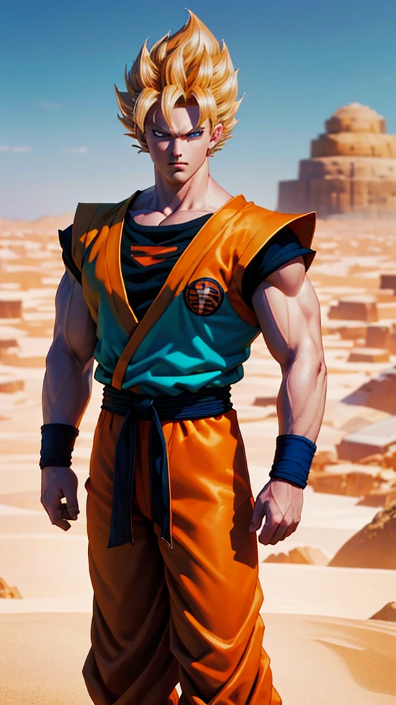 Masterpiece, Ultra realistic, 16k, high quality, incredibly detailed, dream aesthetic, dream atmosphere, pretty man. Tall. Son Goku (super saiyan) from Dragon Ball Z (Majin buu saga), shiny (pale-blond) hair, realistic pale-golden hair, messy spiky hair. Turquoise bright eyes, intense eyes look, shiny serious (blue) eyes. Pale-blond hair fluttering. light glowing skin, tanned skin illuminated, realistic perfect shading, absurdres, realistic textures, pretty man, looking at viewer, standing. Tall. orange goku shirt with a dark blue shirt under, dark blue waist band (hyper realistic) orange pants (real textures). quarry desert (with mountains), blurred background. Son Goku. (detailed textures). quarry (background unfocused), depth, best quality, Photorealistic.