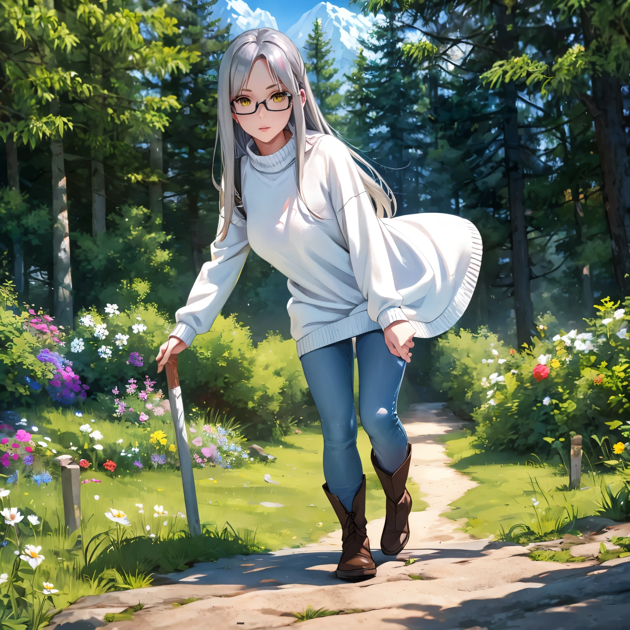 A woman with long silver hair, yellow eyes, wearing a white sweater, tight jeans, black boots, wearing glasses, walking along the path of a very sophisticated garden, pine trees, mountain background, daytime location, shade of trees,full body, surrealism, projected shadow, anaglyph, stereogram, tachi -e, pov, atmospheric perspective, surrealism, flower, 8k, super detail, accurate, best quality, UHD, anatomically correct, textured skin, high quality, high resolution, best quality
