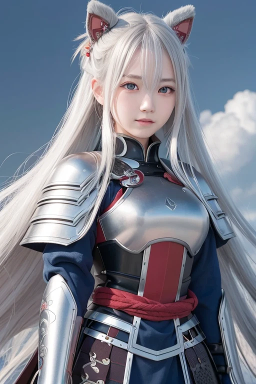 Japanese girl (20 year), long haired, random hair style, Red silver hair, blue eyes color, perfect large breast, high detailed eyes, high detail face, high detailed skin, Samurai armor, eyesight on viewer, happy expression, cute smile expression,