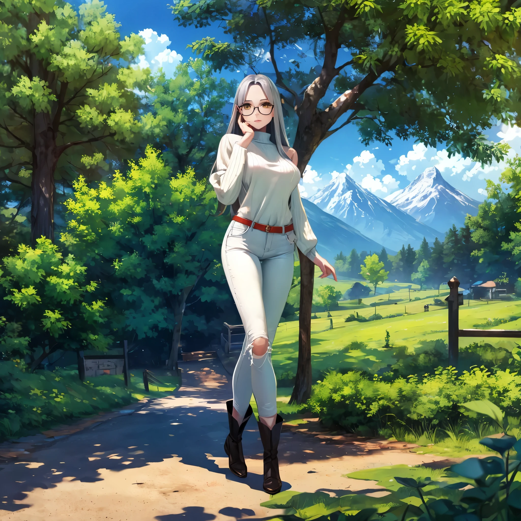 A woman with long silver hair, yellow eyes, wearing a white sweater, tight jeans, black boots, wearing glasses, walking along the path of a very sophisticated garden, pine trees, mountain background, daytime location, shade of trees,full body, surrealism, projected shadow, anaglyph, stereogram, tachi -e, pov, atmospheric perspective, surrealism, flower, 8k, super detail, accurate, best quality, UHD, anatomically correct, textured skin, high quality, high resolution, best quality
