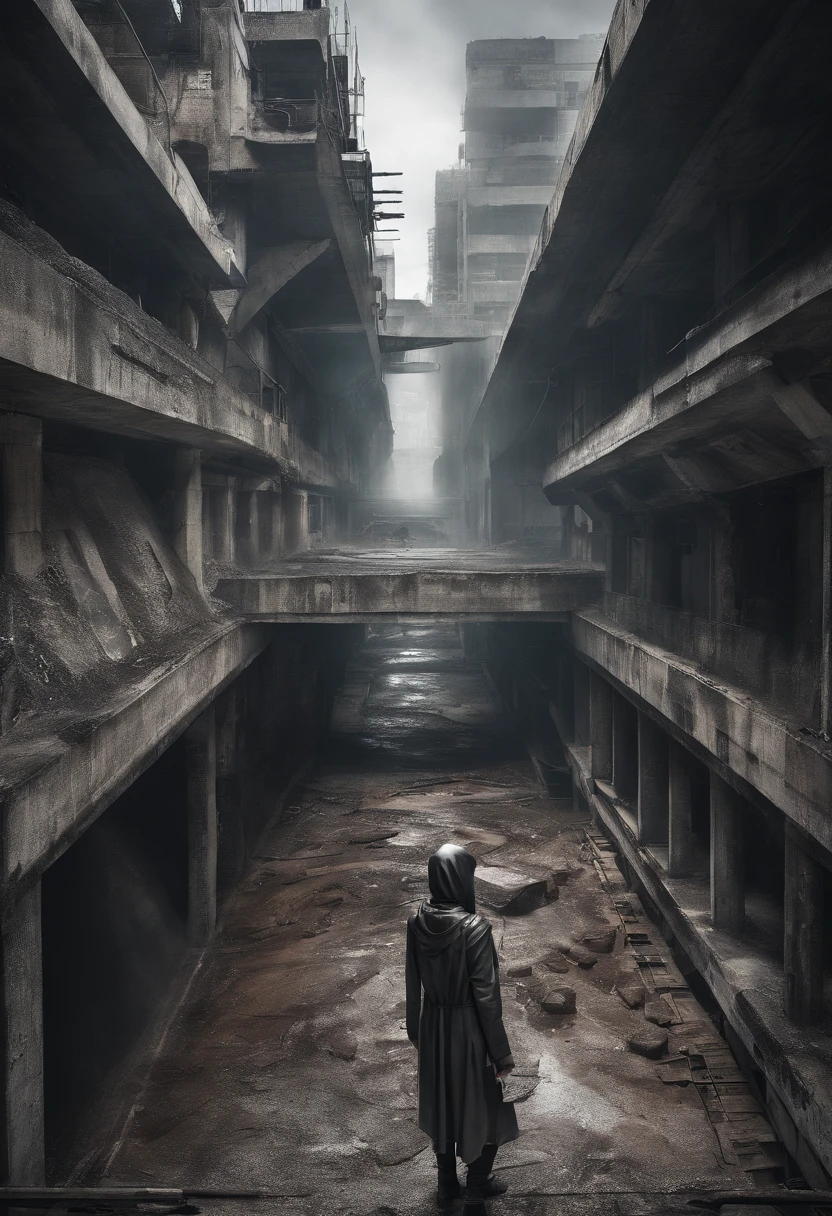 image taken from above and behind the shoulder of a dirty GIRL with her back turned and DRESSED IN a dirty HOOD from a second floor balcony of a dilapidated futuristic building, she is looking at an ultra futuristic wide and tall wall with 2 giant tunnels in the wall with giant hydro-electric turbine propellers, distopia, lixo nas ruas, curved buildings in ruins, apocalypse moderno, has smoky metal structures , It's raining, there are puddles of water in the streets, apocalyptic industrial environment with smoke and fog around, carros escuros nas ruas, tem viadutos largos e longos e bifurcados no meio da cidade, desert megalopolis, trilhos e trens modernos de de metal passando estre as ruas da cidade, tall futuristic metal buildings, many ultra modern buildings around, , as realistic as possible, As detailed as possible, imagem realista, Science fiction