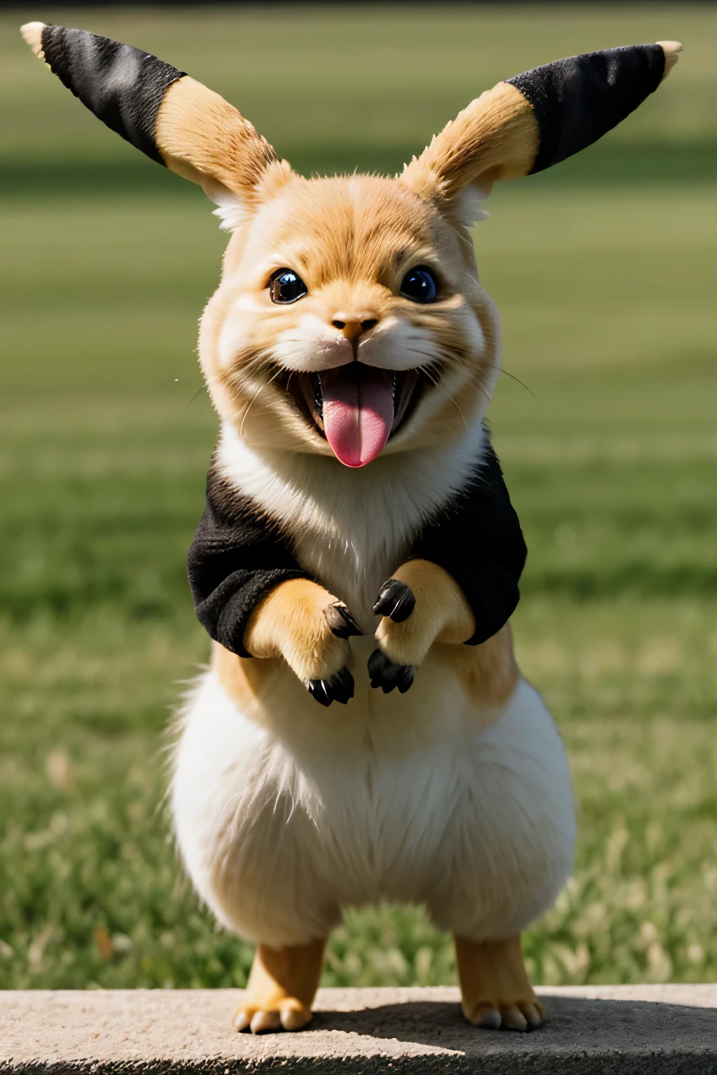Ultra-detailed fur expression、Actual photo, Real Pikachu full body BREAK BREAK portrait, Symmetric, Very detailed, Smooth, Sharp focus, Cinema Lighting, kkw-ph1 、The background is a grassland、Sticking out tongue、prairie