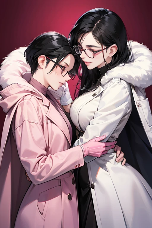 Two black-haired, glasses-wearing mature women wearing pink long rubber gloves and white coats caressing each other with a gentle smile