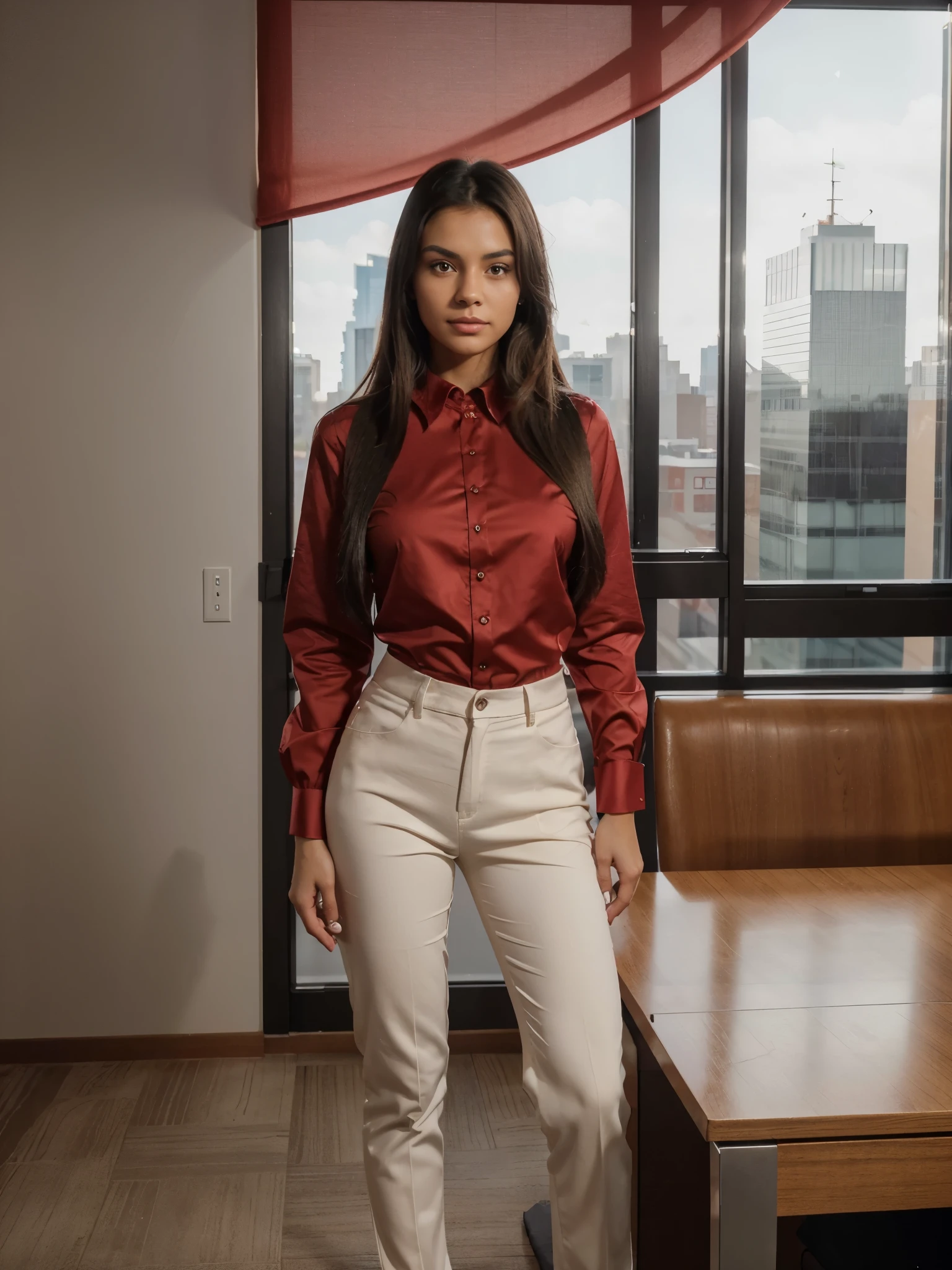 8k, RAW photo, best quality, ultra high resolution, (photorealistic), very realistic, realistic photo of skinny brunette girl boss, (skinny brunette girl boss, 20 years old, most beautiful native american girl in the world, tanned skin, black hair, straight hair), in the office, modern red interior, big windows, city view in the window, bright light, (full body picture), standing posing for picture, formal pose, wearing red formal costume, (formal costume), long sleeves, blouse, pants, (looking at viewer), smirking, (extremely detailed CG unity 8k wallpaper), Sharp focus, (bright light)