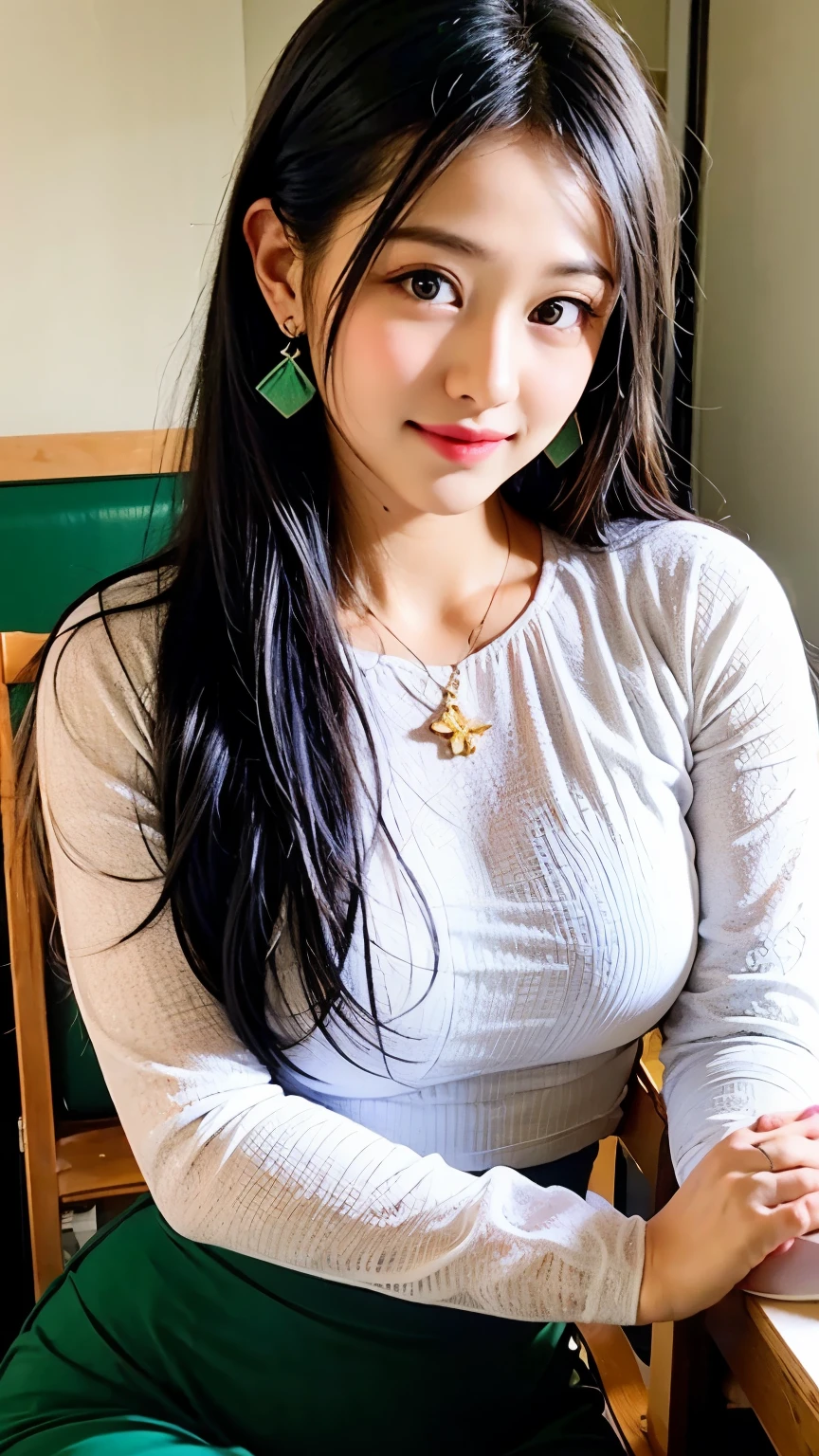 Beautiful college girl, standing and looking at the viewer, masterpiece, light makeup, red lips, black hair, long tousled hair, In the principal's office, beautiful and elegant. Super fine detail, masterpiece, authentic texture, cinematic lighting realism, perfect work, 16K, HD, exquisite features, blue eyes, Japanese idol, beautiful face, cute smile, beautiful hair, glamorous, oily muscles, shiny skin, tanned skin, dark glowing skin, bright big eyes, smooth skin, wet, earrings , necklaces, top quality, (wearing acmmsayarma outfit, acmmsayarma white top with buttons, long sleeves), ((acmmsayarma green long skirt))
