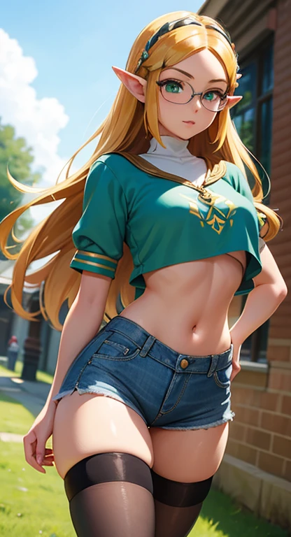 masterpiece, best quality, solo, princess Zelda, green eyes, crop top, denim shorts, school, thigh highs, pervert, dainty, glasses