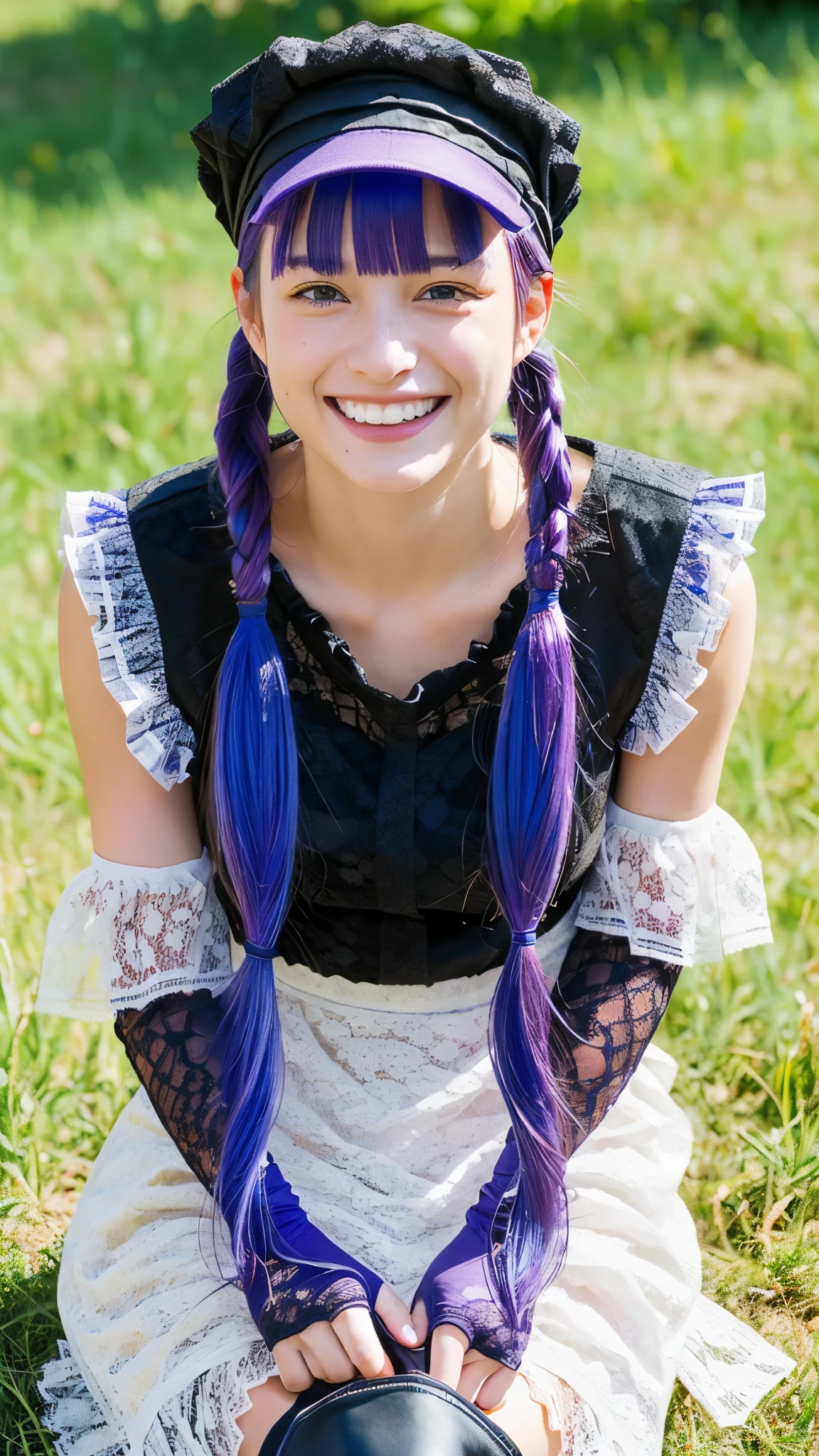 highest quality, masterpiece, Ultra-high resolution, (Realistic:1.4), (Portraiture) RAW Photos, 1 girl,24 talents((Detailed face)),(((座ったPortraiture))No bra,((Smiling with teeth showing)),((Big smile)),((Black boots and black lace gloves)),((Black sleeveless top with ruffle lace)),((White blouse under the dress)),((Black long skirt)),((Blue-purple hair in twin tails)),((Cap Chestnut)),((Short bangs)),Realistic,Image Media Chest)),