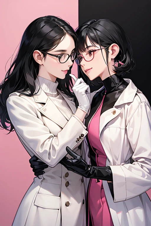 Two black-haired, glasses-wearing mature women wearing pink long rubber gloves and white coats caressing each other with a gentle smile