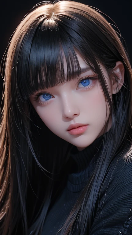 masterpiece, best quality, ultra-detailed, facing the camera head on, intricately detailed hyperdetailed, realistic, sharp features, highly detailed, sharp focus, perfect face, perfect face, perfect symmetrically perfect eyes, perfect full lips, flexible female form, cinematic, film light, hyper detailed, hyper realistic, masterpiece, atmospheric, high resolution, vibrant, dynamic studio lighting, ((Dark background)), Facial expressions when receiving pleasure, straight Bangs, blue Eyes,black sweater, cowboy shot,