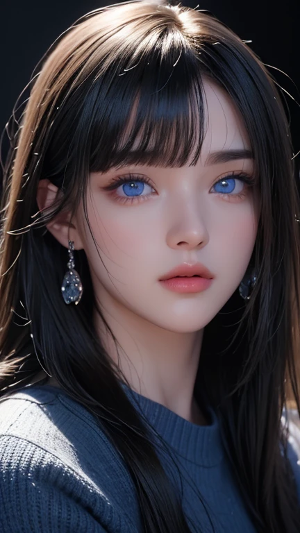 masterpiece, best quality, ultra-detailed, facing the camera head on, intricately detailed hyperdetailed, realistic, sharp features, highly detailed, sharp focus, perfect face, perfect face, perfect symmetrically perfect eyes, perfect full lips, flexible female form, cinematic, film light, hyper detailed, hyper realistic, masterpiece, atmospheric, high resolution, vibrant, dynamic studio lighting, ((Dark background)), Facial expressions when receiving pleasure, straight Bangs, blue Eyes,black sweater, cowboy shot,