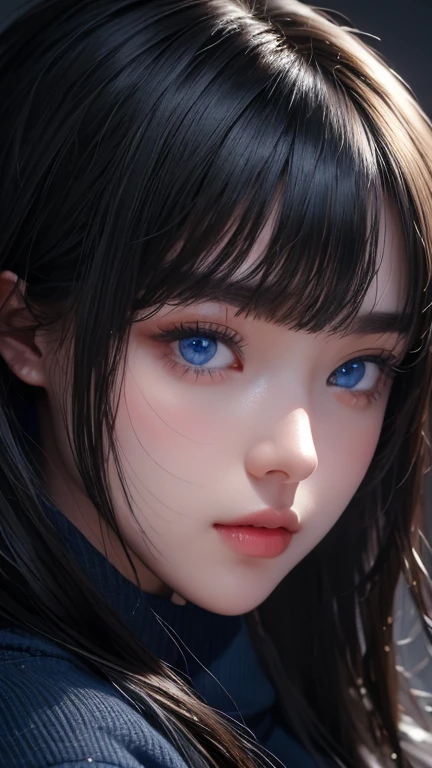 masterpiece, best quality, ultra-detailed, facing the camera head on, intricately detailed hyperdetailed, realistic, sharp features, highly detailed, sharp focus, perfect face, perfect face, perfect symmetrically perfect eyes, perfect full lips, flexible female form, cinematic, film light, hyper detailed, hyper realistic, masterpiece, atmospheric, high resolution, vibrant, dynamic studio lighting, ((Dark background)), Facial expressions when receiving pleasure, straight Bangs, blue Eyes,black sweater, cowboy shot,