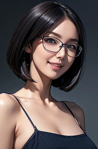 (masterpiece), (8k, best quality, high resolution), (ultra-detailed, realistic), (anatomically correct),
((face close-up)), (Standing), (No background),
(1woman), (looking at viewer),
(A Japanese woman, 30 years old and 155cm tall.),
(black hair), (straight hair), (short hair style), (bob cut), (hair behind ears),
(wear glasses), ((black cell frame glasses)),
((Wear a navy blue spaghetti strap dress)), (Mini length dress with simple design),
(Create a detailed image of the eye),
(Her impression is pure, clean and kind.),
((A captivating smile, just showing a few teeth.)),