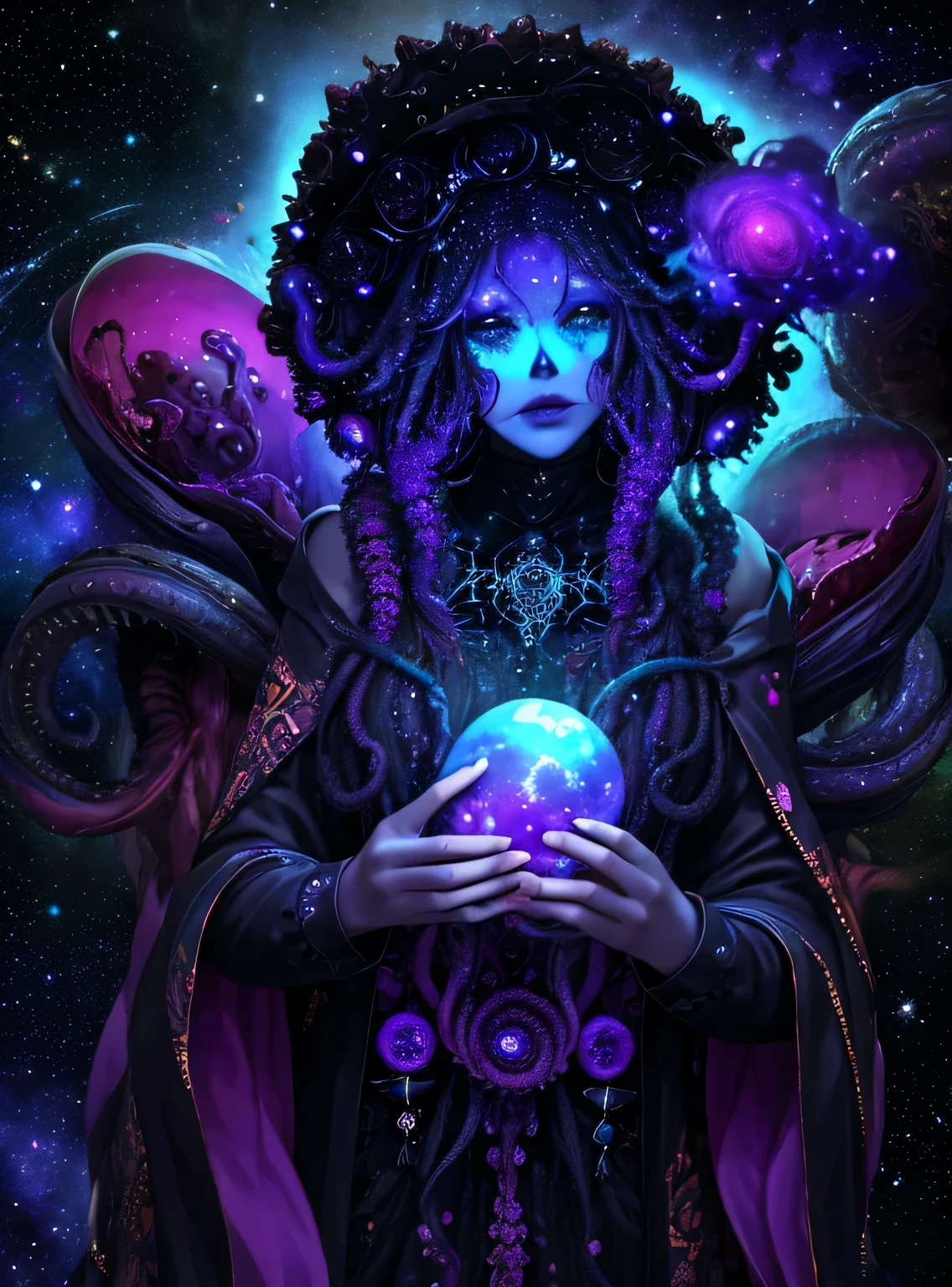 (best quality,highres,masterpiece:1.2),ultra-detailed,Skull with tentacle face, in space,alien creature,intricate patterns,dark and mysterious,cosmic colors,ethereal lighting,dim spaceship interior,ominous atmosphere,otherworldly,nebulae and stars,distant galaxies,creepy and surreal,phosphorescent tentacles,haunting presence,dimensions intertwining,mind-bending perspective,cosmic horror,nightmarish beauty,hypnotic gaze,awe-inspiring,unearthly energy,cosmic chaos and order,transcendent,pulsating with cosmic power,dark matter tendrils,intergalactic entity,evokes fear and fascination