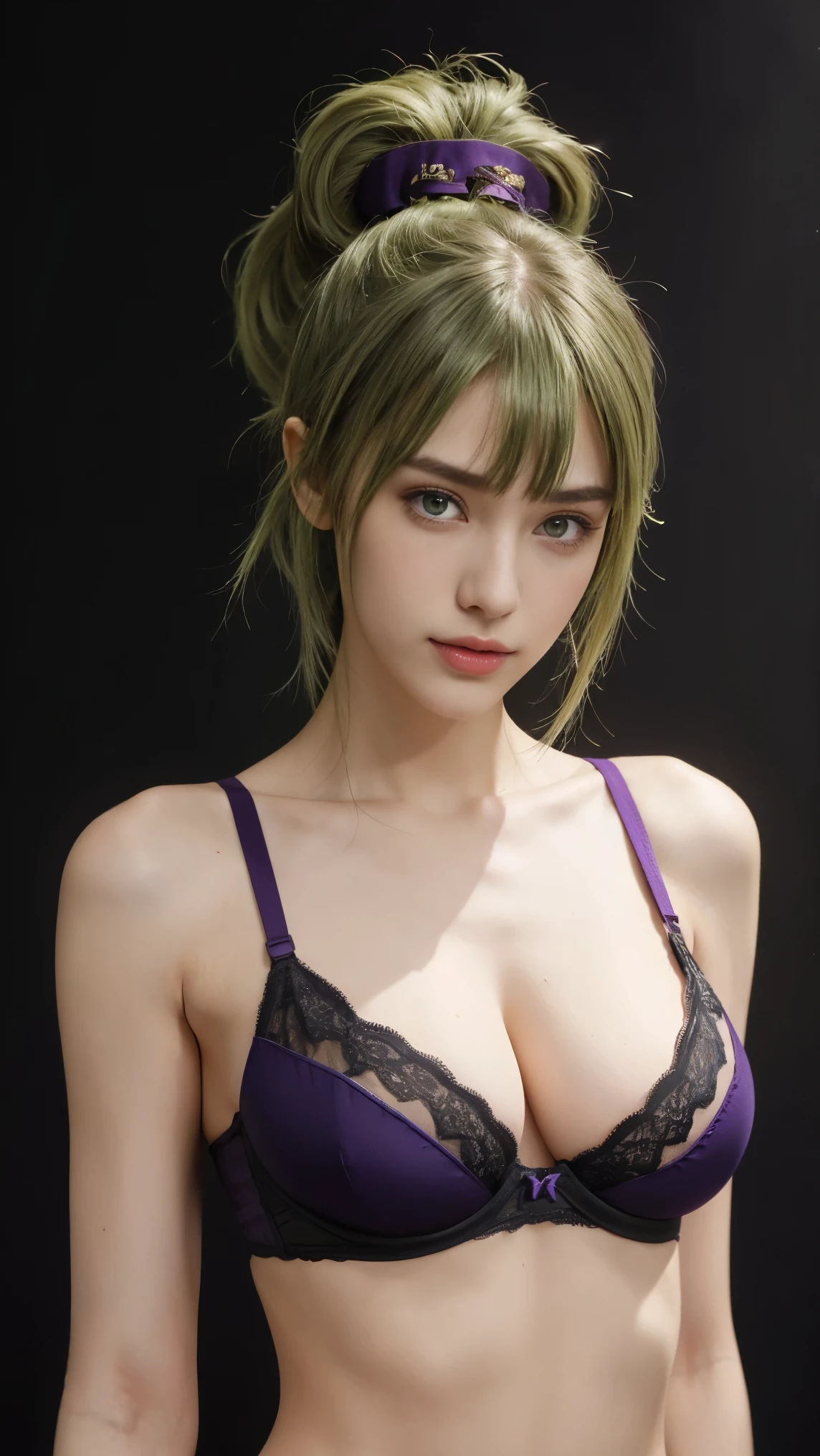 8K, Top Quality, Intricate Details, Ultra Detail, Ultra High Resolution, Masterpiece, close up shot, (full body: 1.1), Slender, Smile, (Makeup: 0.4), (Fluffy purple Eyes: 1.21), (()), 1girl, solo, 1 girl, ((green hair, bangs, high ponytail)), close up shot, , ((tall)), (((fit body))), (((slim face))), sharp face, (()) ,(detailed face), sharp face, small lips, ,
((, , bra, panties)), , ((,)),detailed face, detailed breast, , ((large breast, huge breast )), , Narrow Waist, Skinny, tall , 175 cm tall, Muscular, Navel, Exposed Abdomen, Pointed Chest,, Beautiful girl with accentuated slender abs: 1.4, Six Pack Abs: 1.4, Bust Botox, Big, Perfect Body, detail leg, (( dark background)), black background,