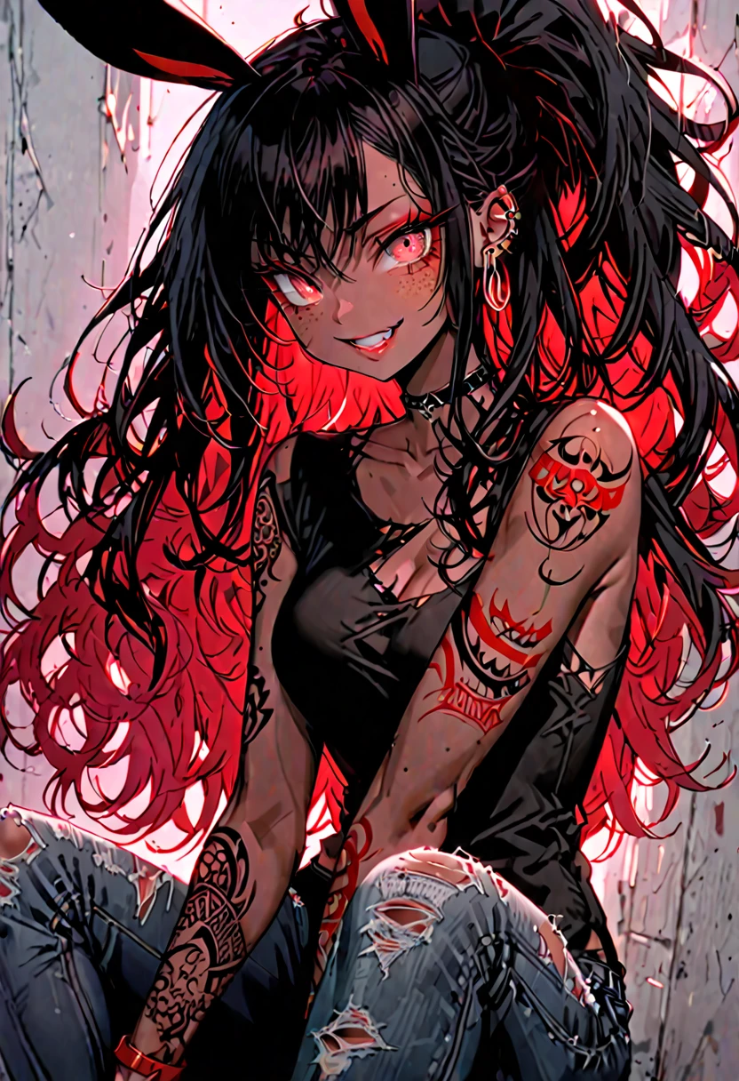 female, solo, dark skin, freckles, bright red eyes, wavy hair, very long black hair, ponytail, black rabbit ears, large perky breasts, fit, black tattoo on arm, tattoo on face, tall, torn shirt, tight jeans, ripped jeans, black shirt, chocker, heavy eyeliner, small piercings, SFW:2, smile, playful, black rabbit tail