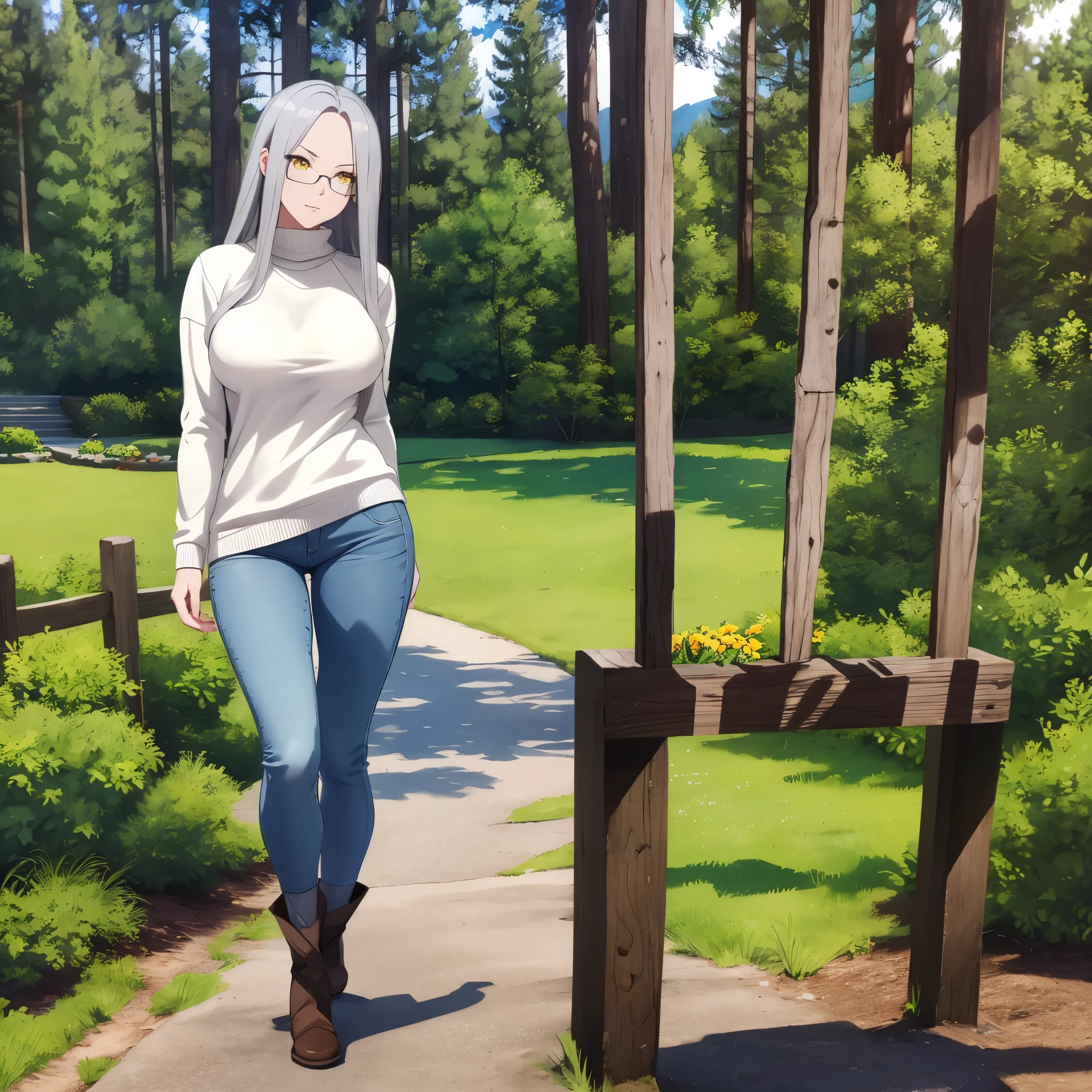 A woman with long silver hair, yellow eyes, wearing a white sweater, tight jeans, black boots, wearing glasses, walking along the path of a very sophisticated garden, pine trees, mountain background, daytime location, shade of trees,full body, surrealism, projected shadow, anaglyph, stereogram, tachi -e, pov, atmospheric perspective, surrealism, flower, 8k, super detail, accurate, best quality, UHD, anatomically correct, textured skin, high quality, high resolution, best quality
